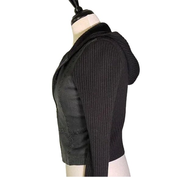 Source Unknown Black Leather Jacket with Knit Sleeves - Picture 2 of 3